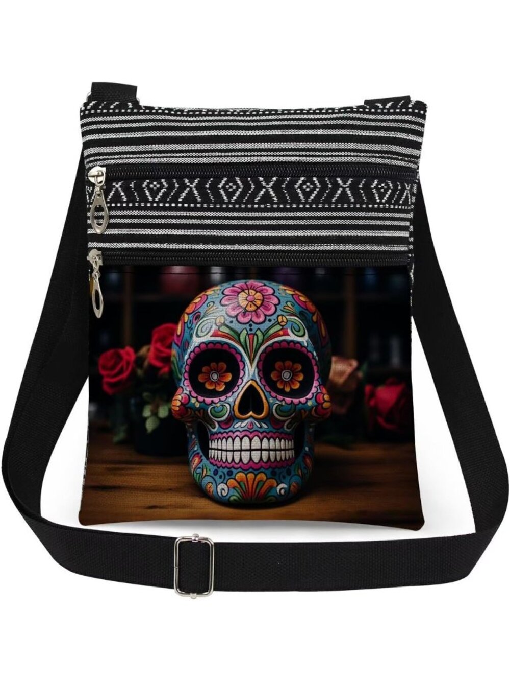 Women Skull Halloween Skull Pouch Adjustable Strap Zipper Crossbody Bag